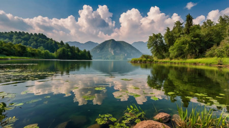 Panoramic view of a mountain lake on a sunny summer dayの写真素材