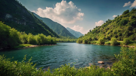 Beautiful mountain river in the mountains. Summer landscape. Panoramaの写真素材