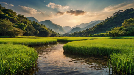 Panorama of rice field and river in the morning with beautiful skyの写真素材