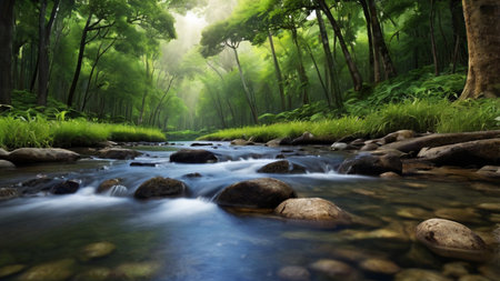 Stream in the green forest. Nature composition. Panoramic view.