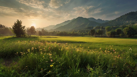 Beautiful landscape of green rice field and mountain in the morning.の写真素材