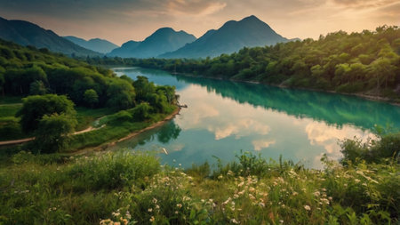 Beautiful summer landscape with river and mountains at sunset in the backgroundの写真素材