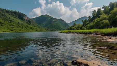 Panoramic view of the mountain river. Mountain river in the mountains.の写真素材