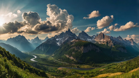 Panoramic view of the Matterhorn mountain range in the Swiss Alps
