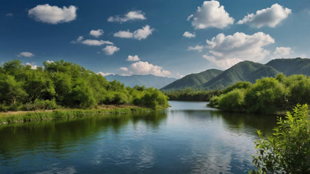 Beautiful summer landscape with river and blue sky. Panorama.