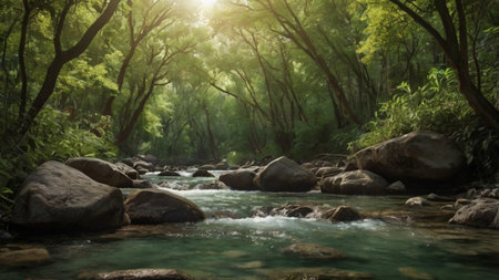 River flowing through the forest with sunlight in the morning. Nature background