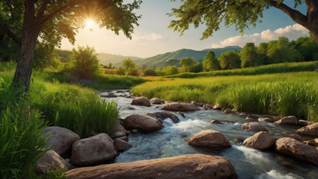Beautiful summer landscape with a mountain river and green meadow.の写真素材