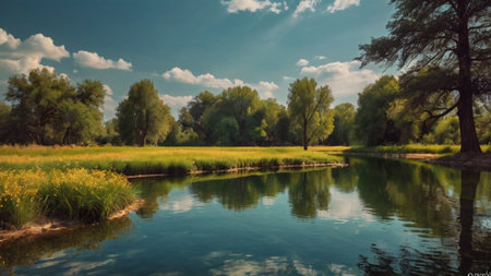 Beautiful summer landscape with river and green trees. Panorama.