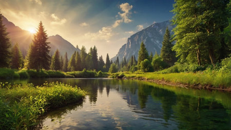 Mountain river and forest at sunset. Picturesque summer landscape.