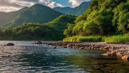 Beautiful summer landscape with mountains and the river in the rays of the setting sun