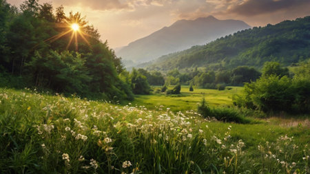Mountain meadow with flowers at sunset. Beautiful summer landscape.の写真素材