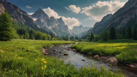 Panoramic view of the mountain river in the valley in the Dolomites