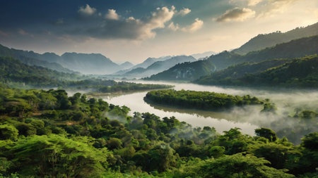 Foggy morning over the river in the jungle of Laos.