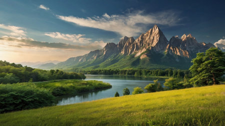 Beautiful summer landscape with lake and mountains in the background, Dolomites, Italy