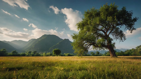 Beautiful summer landscape with big tree in the meadow and mountains