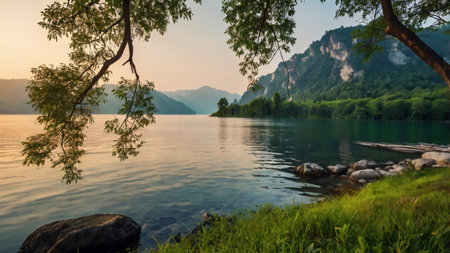 Beautiful landscape of lake and mountains at sunset in summer. Landscape of lake and mountains.の写真素材