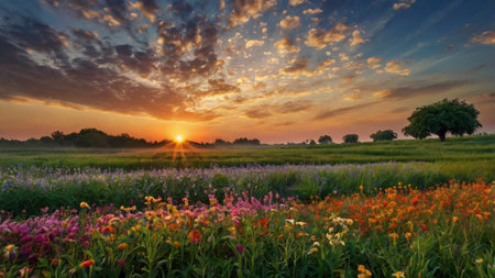 Sunset over a meadow full of wildflowers in summer