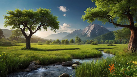 Beautiful landscape with river, meadow and mountain in the background