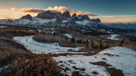 Panoramic view of Dolomites mountain range in winter, Italyの写真素材