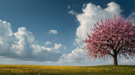 Spring landscape with blooming cherry tree and yellow meadow on blue sky background