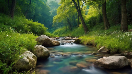 Beautiful river flowing through the green forest in summer. Nature background