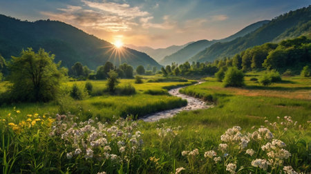 Beautiful summer landscape with meadow, river and forest at sunsetの写真素材