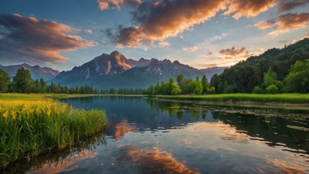 Panoramic view of the lake and mountains at sunset in summerの写真素材