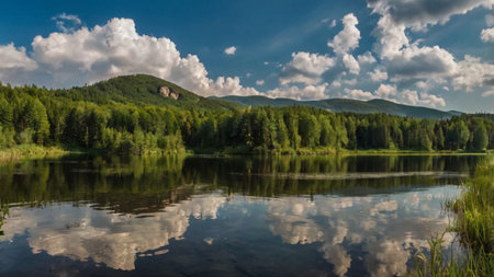 Panorama of the mountain lake with reflection of clouds in the waterの写真素材
