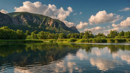 Beautiful summer landscape with mountains, river and clouds reflected in water