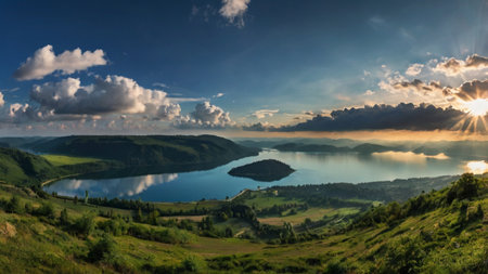 Panoramic view of the lake and mountains at sunset in the summerの写真素材
