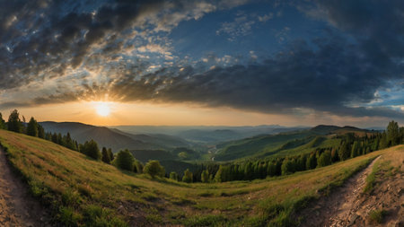 Panoramic view of beautiful sunset in the Carpathian mountains