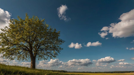 lonely tree in the field under blue sky with white cloudsの写真素材