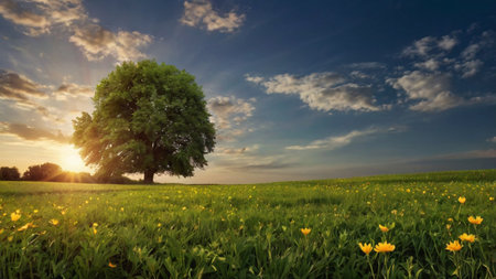 Tree on meadow with yellow flowers and blue sky with clouds.の写真素材