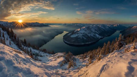 Panoramic view of a mountain lake in winterの写真素材