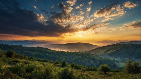 Landscape with a beautiful sunset in the Carpathian mountains.