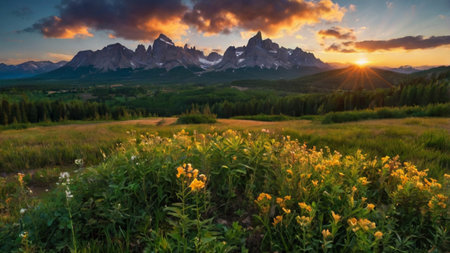Panoramic view of the Dolomites at sunrise, Italyの写真素材