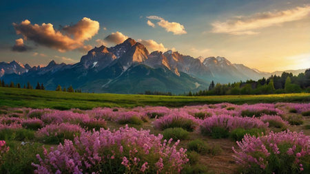 Sunset over the meadow with flowers and mountains in the backgroundの写真素材