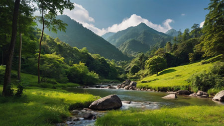 Mountain river in the summer forest. Landscape with mountain river.の写真素材