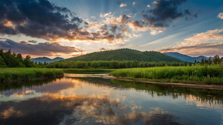 Panoramic view of a mountain river at sunset in summer.