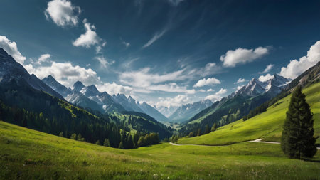 Panoramic view of the alpine meadow in the Swiss Alpsの写真素材