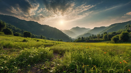 Sunset in the mountains. Landscape with green meadow and mountains.