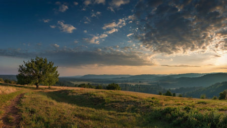 Panoramic view of the mountain valley at sunset. Beautiful summer landscape.