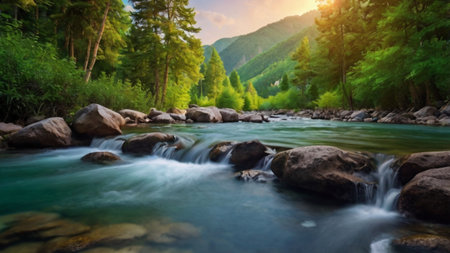 mountain river in the morning light. beautiful photo digital picture.の写真素材