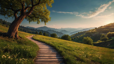 Wooden path in the mountains at sunset. Panoramic viewの写真素材