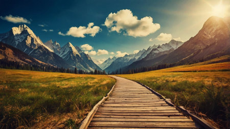 Wooden boardwalk through the meadow and mountains in the backgroundの写真素材