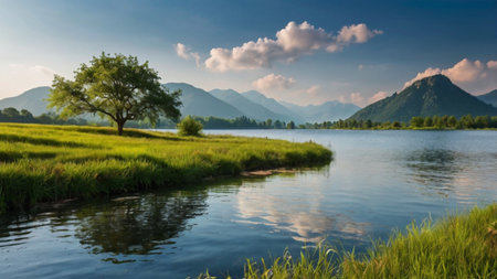 Beautiful summer landscape with mountain lake and trees on the shore.の写真素材