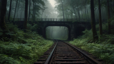Railway in the foggy forest with a bridge in the backgroundの写真素材