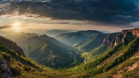 Panoramic view of the Caucasus mountains at sunset, Georgia.