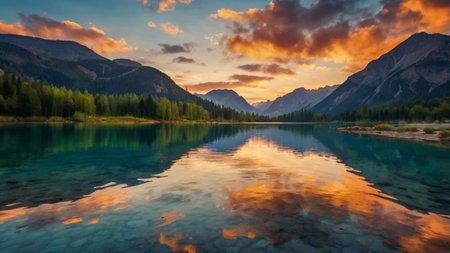 Mountain lake at sunset with reflection in water. Beautiful summer landscape.の写真素材