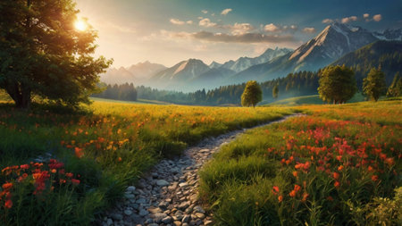 Landscape with meadow and mountain peaks at sunset. Panoramic view.の写真素材